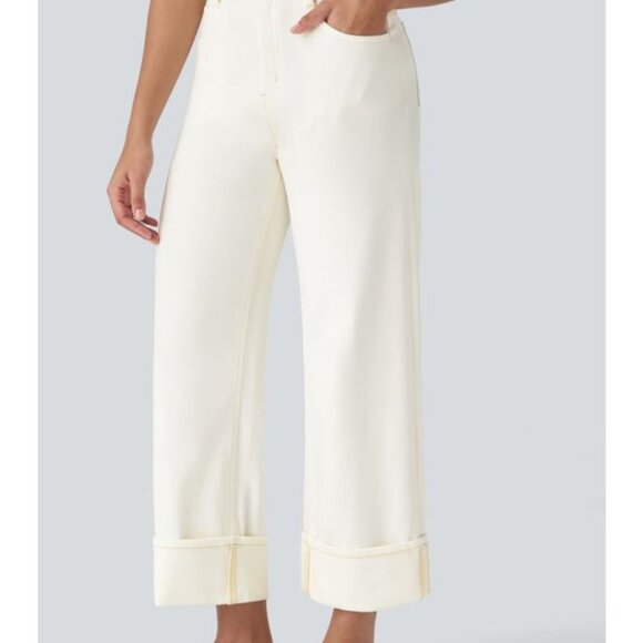 Halara Flex High Waisted Pockets Rolled Hem Wide Leg Washed Jeans Sz Small Tall - Picture 6 of 9